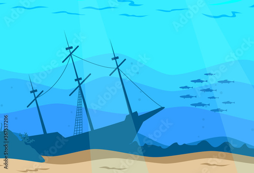 Seabed. Underwater world. Sunken ship and school of fish. Cartoon style. Vector illustration.