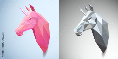 A set of stylized images of magical unicorns. Abstract head, icon drawn from geometric shapes. Origami for animal prints on fashion clothes. Rare animals, magic, pink unicorn