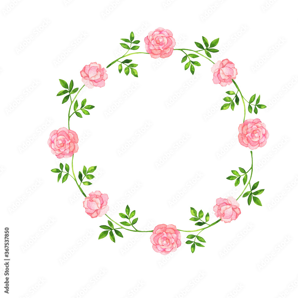 Pink rose flowers and green leaves round frame on white background. Hand drawn watercolor illustration. Pink rose flowers and green leaves round frame on white background. Hand drawn watercolor illustration.