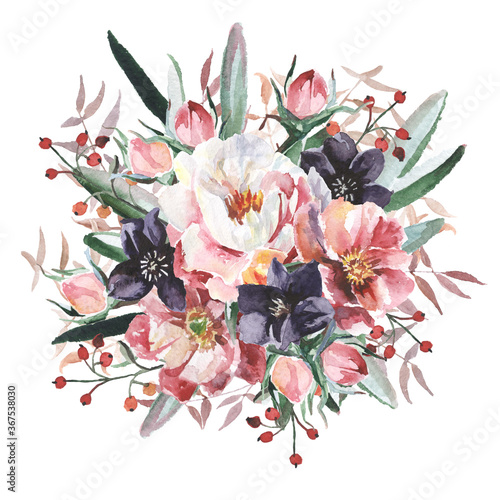 Watercolor flowers bouquet isolated on white background.