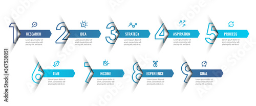 Vector Infographic design template with icons and 9 options or steps. Can be used for process diagram, presentations, workflow layout, banner, flow chart, info graph.