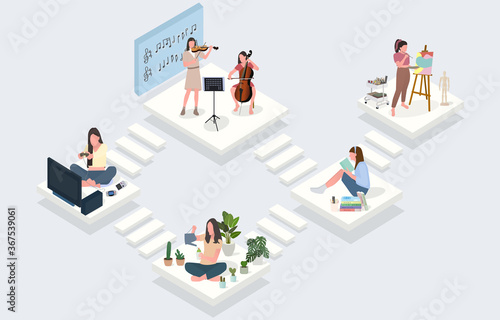 New normal concept model. Women spend time doing activities in the room such as playing music. (Viola, Violin) playing games, drawing, reading, watering plants.
