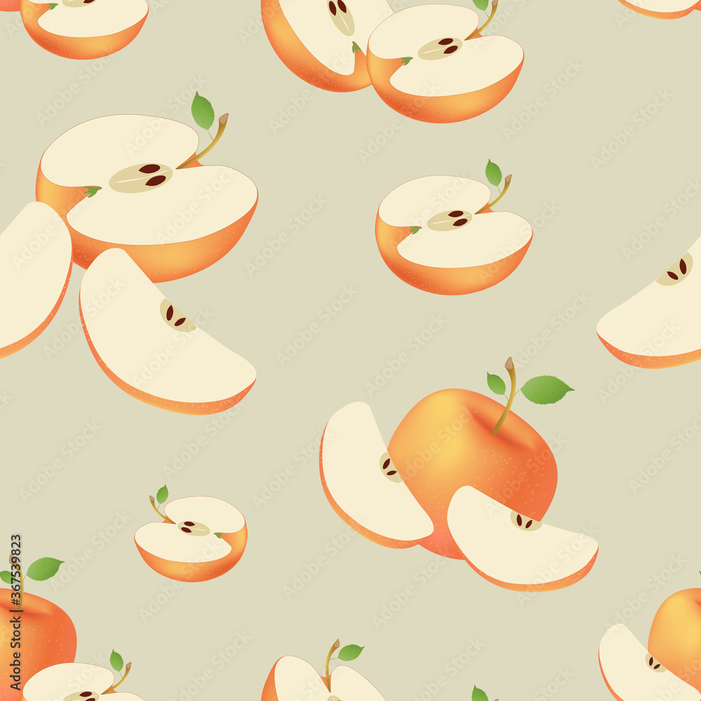 Vector apple seamless pattern on a beige background. Whole, half and quarter. For printing on fabrics, packaging, napkins, various backgrounds. Vector apple seamless pattern on a beige background. Whole, half and quarter. For printing on fabrics, packaging, napkins, various backgrounds.