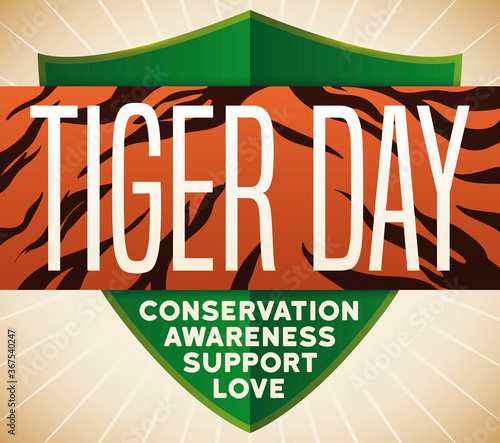 Striped Label, Shield and Precepts to Commemorate Tiger Day, Vector Illustration