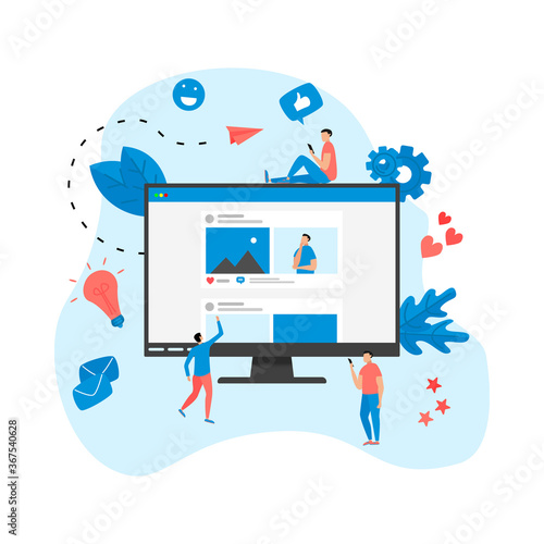 Social media concept with photo content, like and comment. Vector flat illustration