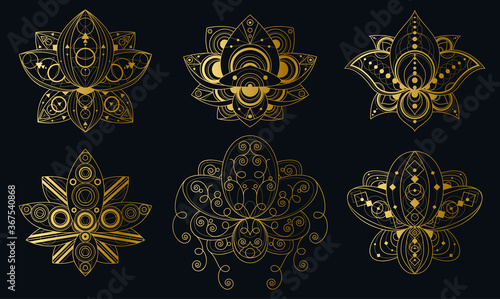 Lotus flower with geometric ornament linear illustrations set