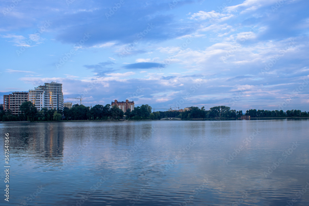 
city ​​lake landscape in the morning