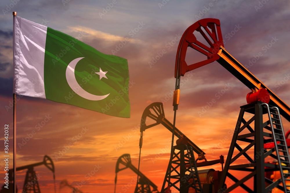 Pakistan oil industry concept. Industrial illustration - Pakistan flag and oil wells with the red and blue sunset or sunrise sky background - 3D illustration