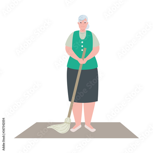 cute old woman with mop, grandmother with mop on white background vector illustration design