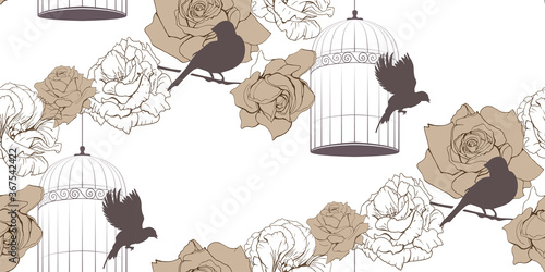 Vintage floral seamless pattern with cage of birds and roses on white background. Brown colors. Retro Endless texture for your design wallpaper, wrapper, fabrics. 