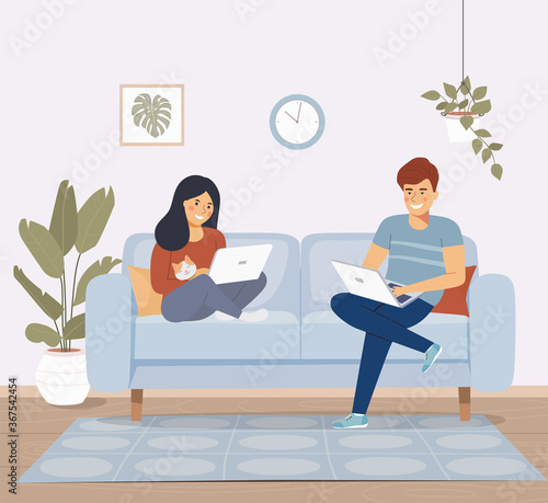 Man, woman and cat sitting on the sofa with laptops. Vector flat illustration