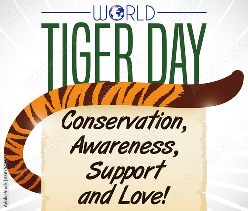 Striped Tail, Scroll with Precepts and Globe for World Tiger Day, Vector Illustration