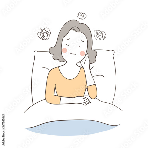 Draw sleepless woman suffers from insomnia.
