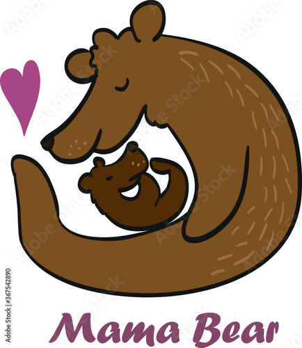Mama bear and her little baby print design Flat vector illustration