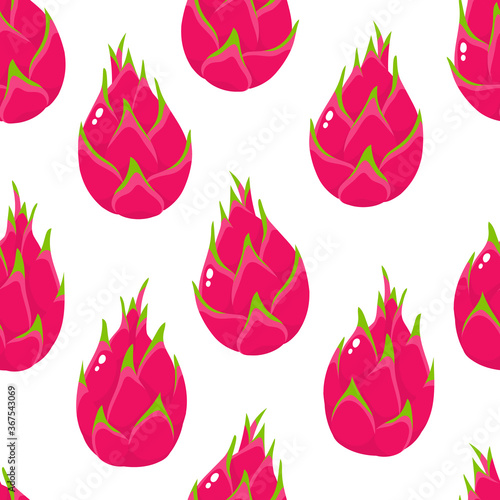 Vector seamless pattern of exotic dragon fruit isolated on white.