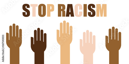 hands up anti racism vector banner. black lives matter. stop racist. racial diversity race concept. together against racial discrimination, inequality. people equality. white background