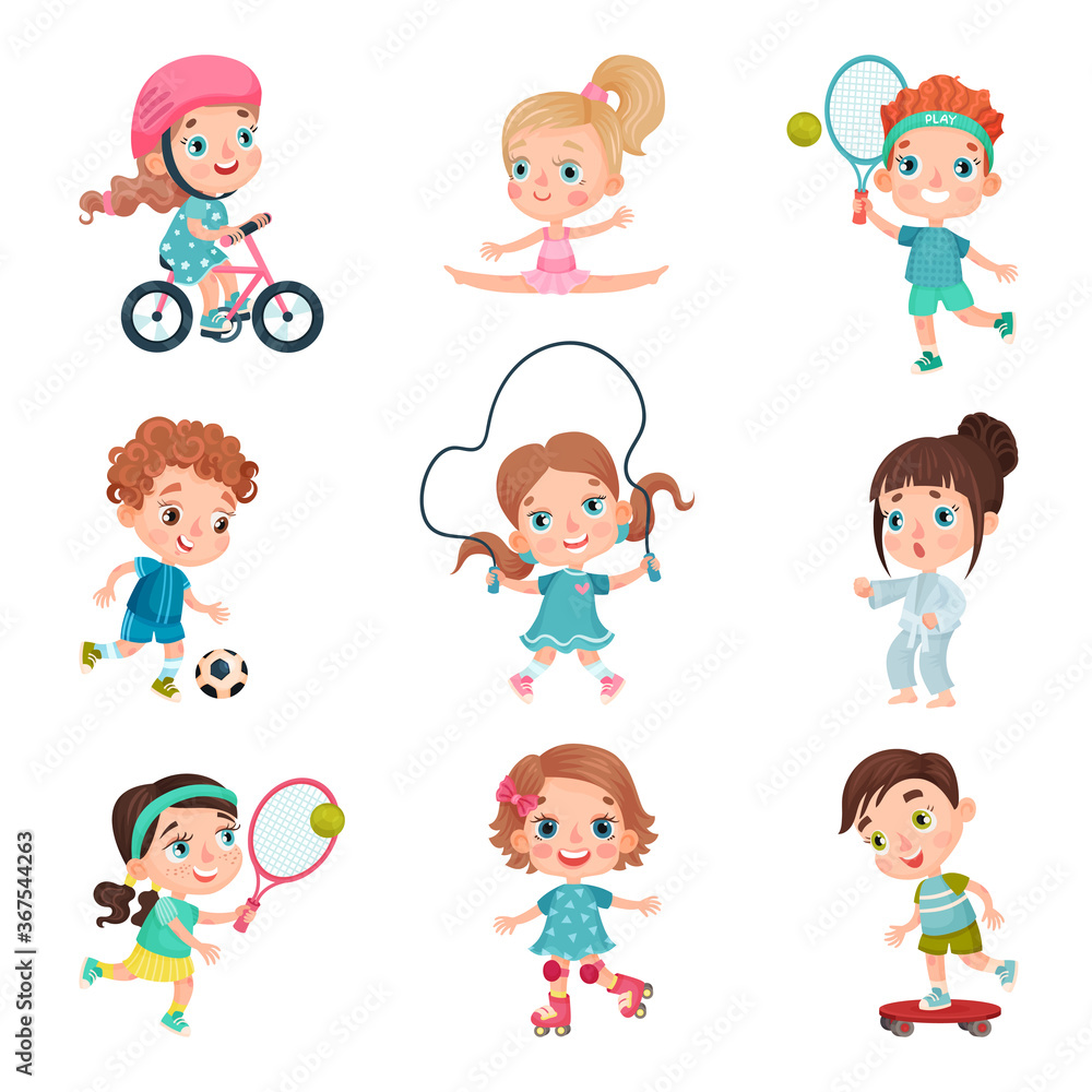 Cute Kid Characters Doing Sport Vector Illustration Set Cute Kid Characters Doing Sport Vector Illustration Set