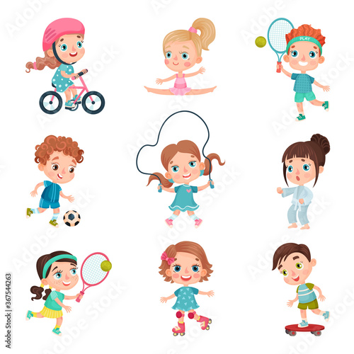 Cute Kid Characters Doing Sport Vector Illustration Set