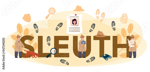 Professional sleuth typographic header. Agent investigating a crime place