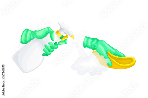 Hand Using Detergent and Disinfectant in Dispenser Bottle Vector Illustration