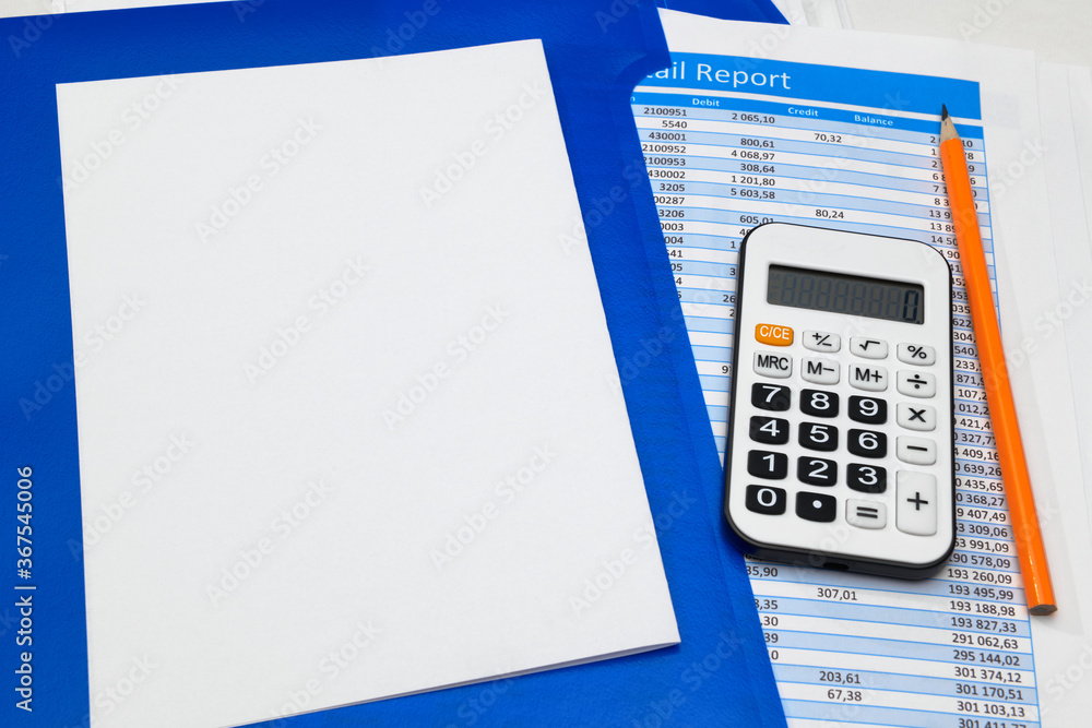 business office desk closeup - financial reports, analysis and accounting, set of documents, tables and graphs, various items for bookkeeping, calculator business office desk closeup - financial reports, analysis and accounting, set of documents, tables and graphs, various items for bookkeeping, calculator