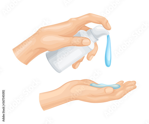 Hand Using Sanitizer Gel as Detergent and Disinfectant Vector Illustration