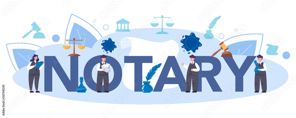Fototapeta premium Notary service typographic header. Professional lawyer signing