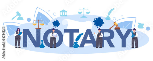 Notary service typographic header. Professional lawyer signing