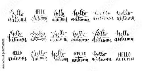 Vector set of isolated handwritten calligraphy of Hello Autumn logo for decoration and covering on the white background. Concept of Happy Autumn.