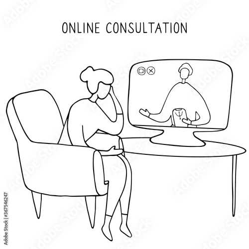 Woman sitting in chair in front of computer and talking to psychologist online. Remote psychological help, psychiatrist consulting patient. Mental health care and treatment. Vector illustration