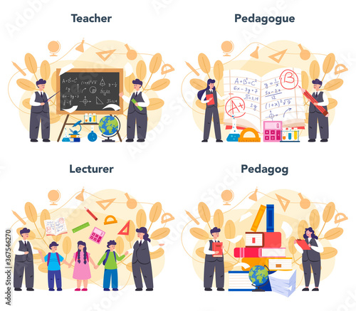 Teacher concept set. Profesor standing in front of the blackboard