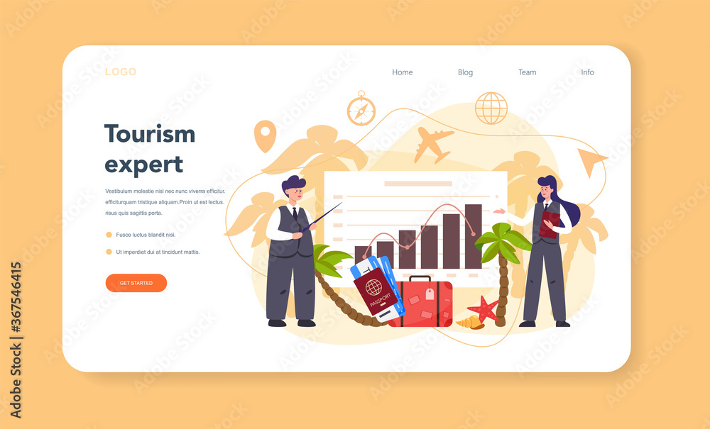 Travel agent web banner or landing page. Office worker selling tour, Travel agent web banner or landing page. Office worker selling tour,