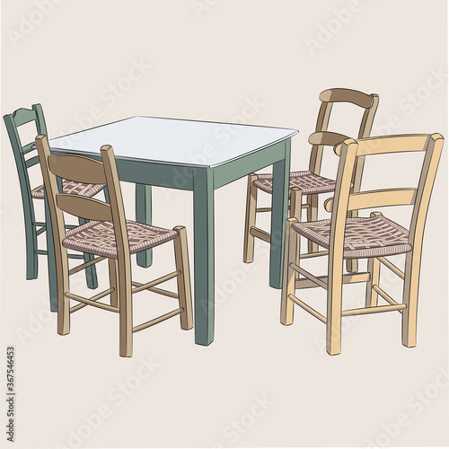 Wooden table and four chairs.