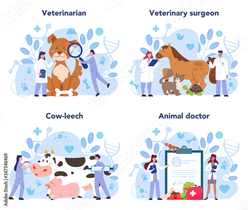 Pet veterinarian concept set. Veterinary doctor checking animal.