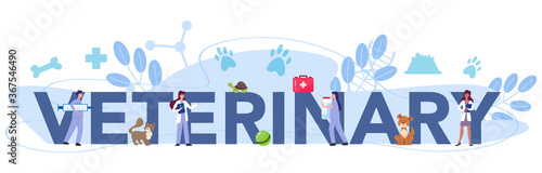 Pet veterinary typographic header. Veterinary doctor checking