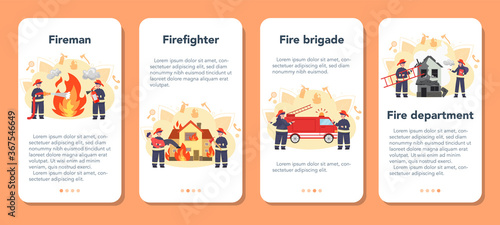 Fireman mobile application banner set. Professional fire brigade