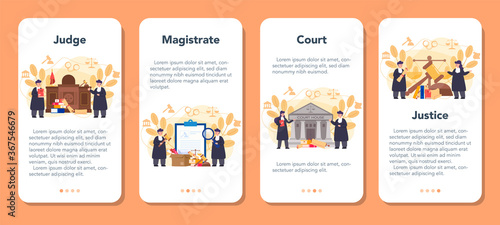 Judge mobile application banner set. Court worker stand for justice