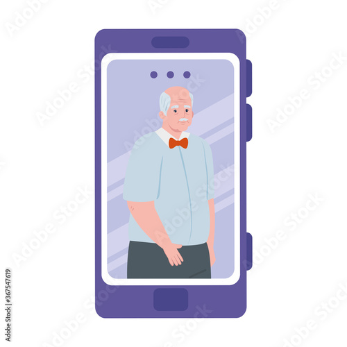smartphone video call, old man in conference video call online vector illustration design