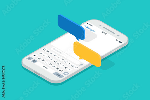 Isometric smartphone with messages chat. Push sms in cellphone. 3d notification in mobile screen. Speech bubble for social talk in phone. App for mail, support, online dialog and feedback. Vector