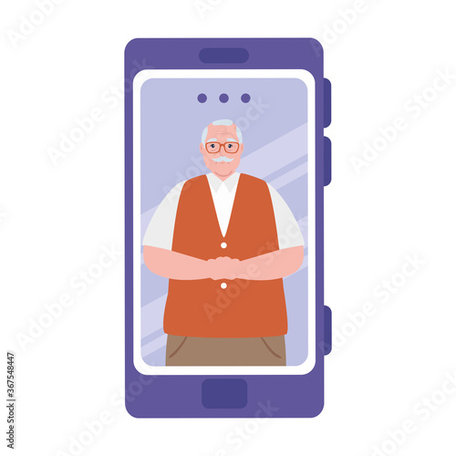 smartphone video call, old man in conference video call online vector illustration design