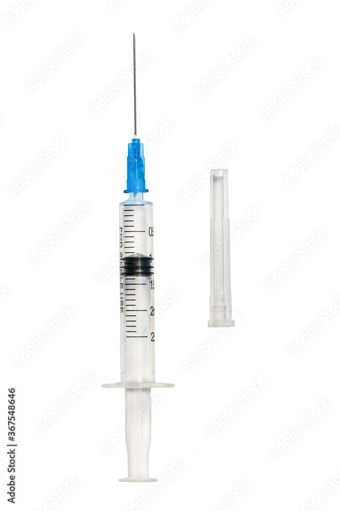 Open medical syringe with protective cap isolated on white background. Plastic single-use syringe isolate Open medical syringe with protective cap isolated on white background. Plastic single-use syringe isolate