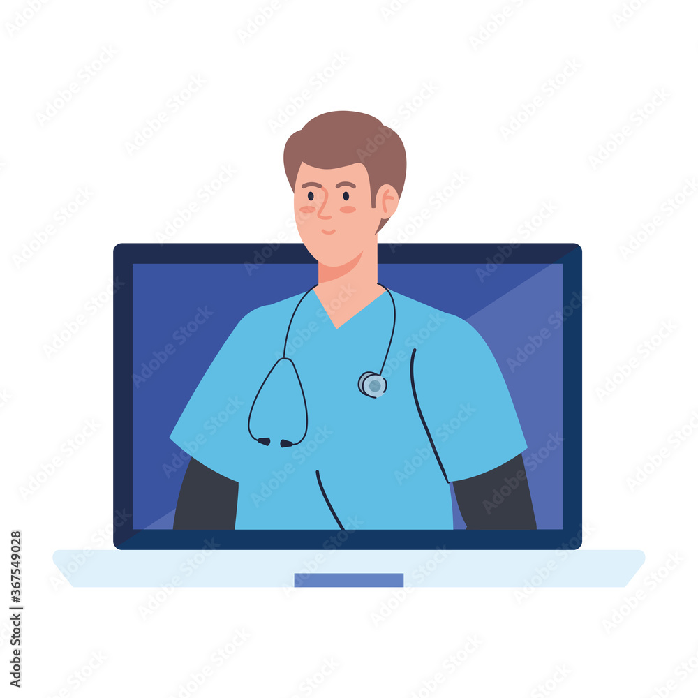 medicine online with doctor male in computer, on white background vector illustration design medicine online with doctor male in computer, on white background vector illustration design