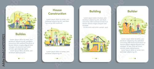 House building mobile application banner set. Workers constructing