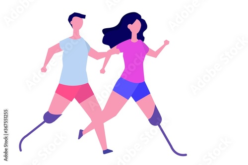 Disabled people with disabilities and prosthesis. Character witth a Bionic foot. Vector illustration