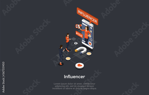 Concept Of Promotion In Social Media And Marketing Loyalty Strategies. Business People Influence, Increase Subscribers. Influencer Marketing Social Media or Network. Isometric 3D Vector Illustration