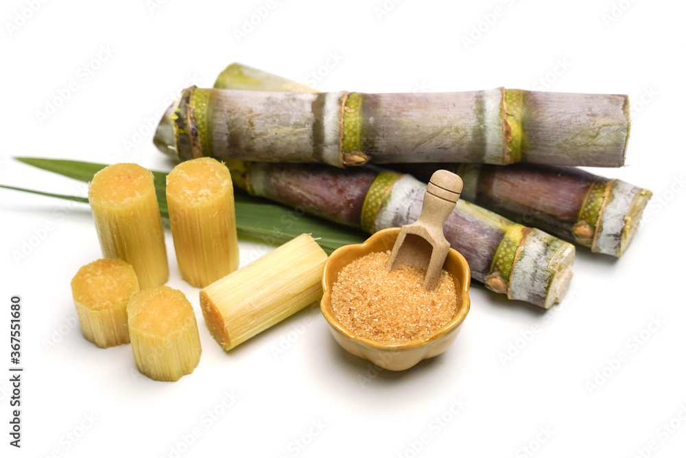 sugar cane and brown sugar on white isolate background