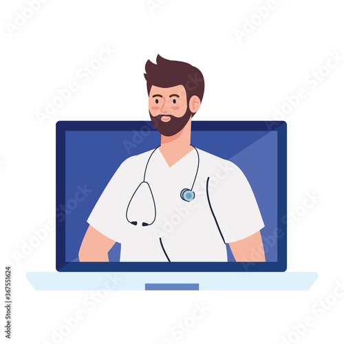 medicine online with doctor male in computer, on white background vector illustration design