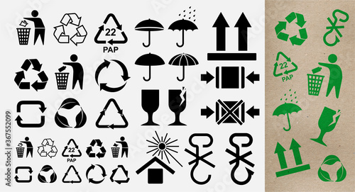Set of pictograms for the recycling symbols for plastic products and other products. Recycle and some packaging sign. Vector illustration. Isolated on white background.