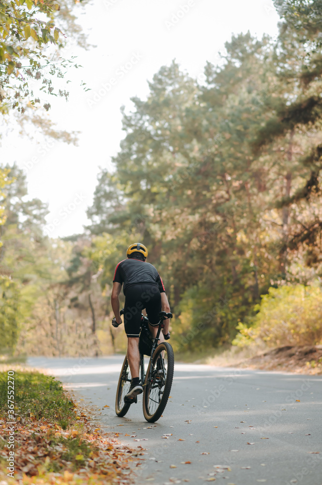 Professional cyclist trains on forest road in autumn season, rear view. cyclist in a sports outfit rides a bicycle in nature. Autumn Walk Biking. Vertical