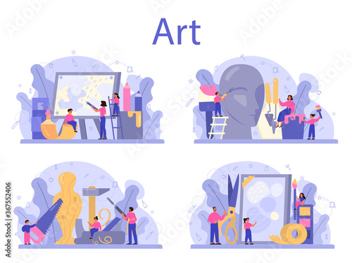 Art school education set. Student holding a brush and paints. Artist